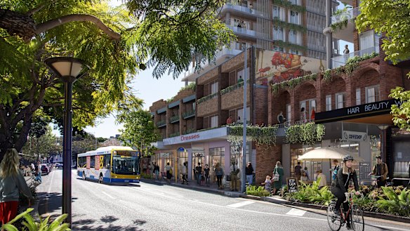 A digital render by Brisbane City Council of Stones Corner shows the significant renewal plan. 