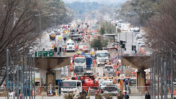Stage one light rail construction, as seen from City Hill last year.  More than 4500 people worked on the project over the last three years. 
