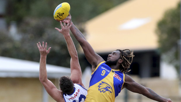 West Coast Eagles ruckman Nic Naitanui  in action for the West Coast Eagles WAFL team against the East Fremantle Sharks in Fremantle.