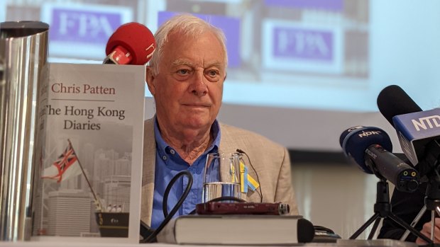 Chris Patten, former governor of Hong Kong speaking to the Foreign Press Association at the Royal Over-Seas League in London on Monday.