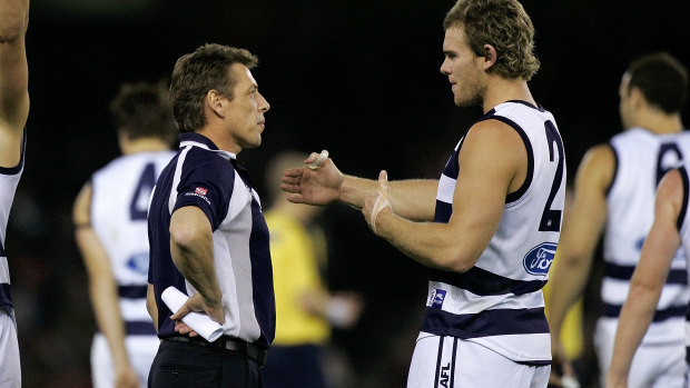 Then Geelong coach Mark Thompson speaks to Cam Mooney in 2007.