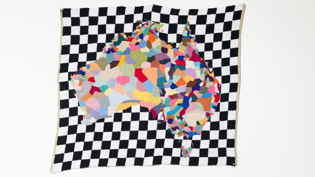 Paul Yore's Map, 2012, Wool needlepoint, part of the Wangaratta Art Gallery Collection. The work was acquired as winner of 2013 Wangaratta Contemporary Textile Award.