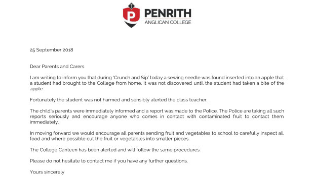 The letter sent to parents by the school's acting head Felicity Grima.
