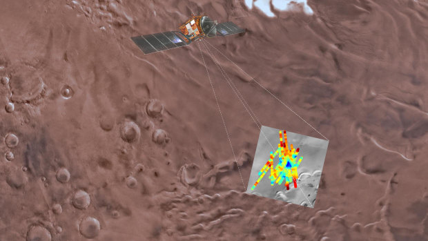 This image shows the study-area, with echoes from the ground-penetrating radar imposed on top. Blue shows the areas of strongest reflections, where water is suspected.