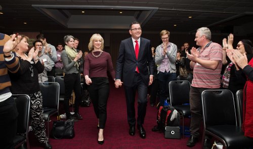 Premier Daniel Andrews arrives at the Victorian Labor Party state conference with wife Catherine in March 2015. The number of delegates who vote at conference determine who controls the party.