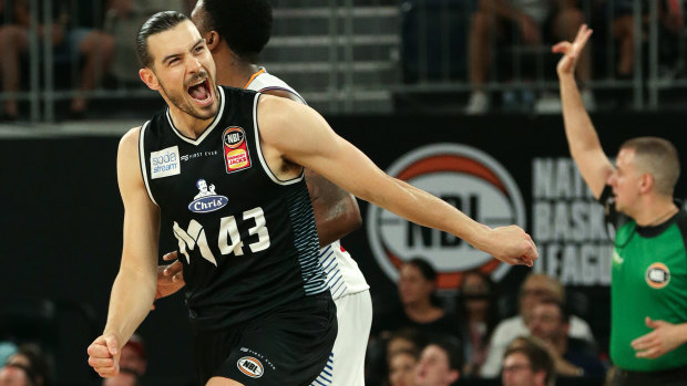 Pumped: Chris Goulding celebrates a three-pointer against the Bullets at Hisense Arena on Sunday.