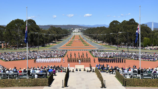 The guard of honour arrives during Remembrance Day at the Australian War Memorial, in Canberra, Sunday, November 11, 2018. Australians will gather around the country and the world to mark 100 years since the end of the Great War.