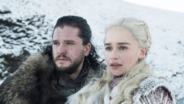 Kit Harington as Jon Snow and Emilia Clarke as Daenerys Targaryen in Game of Thrones. 