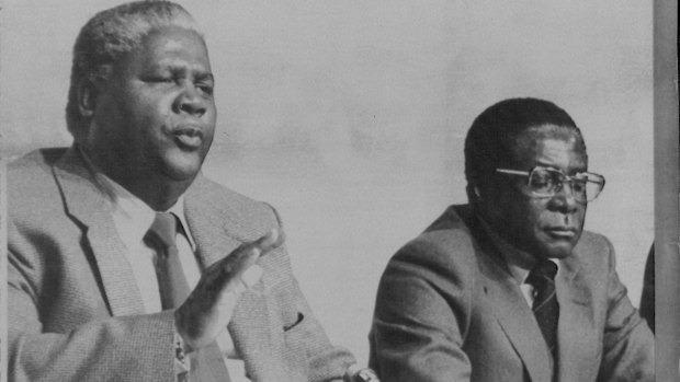 Leaders of the Patriotic Front Joshua Nkomo and Robert Mugabe hold a press conference in 1979 in London on British plans to create an independent Zimbabwe/Rhodesia. 