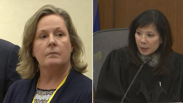 Former Brooklyn Center police Officer Kim Potter reacts as Hennepin County Judge Regina Chu reads the verdict at the Hennepin County Courthouse in Minneapolis, Minnesota. 