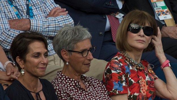 From left, Jayne Hrdlicka, Victorian governor Linda Dessau and Vogue editor-in-chief Anna Wintour at the Australian Open in January. 