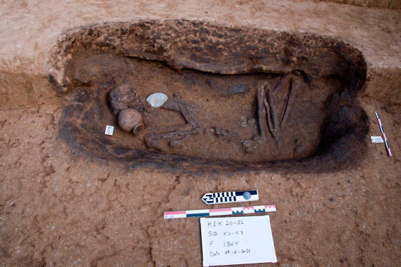 One of the ancient burial tombs recently unearthed that contained human remains and pottery.