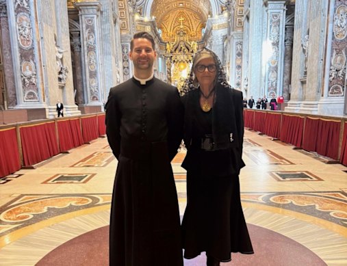 Governor-General Sam Mostyn with a young priest from Victoria, Andrew, who is serving in the Vatican and was her escort ahead of Pope Francis’s funeral.