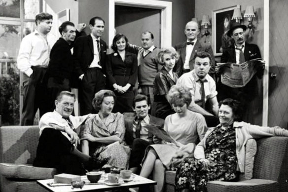 The original BBC cast of Reunion Day in 1962, including Nyree Dawn Porter, Ray Barrett and Ron Haddrick plus author Peter Yeldham.