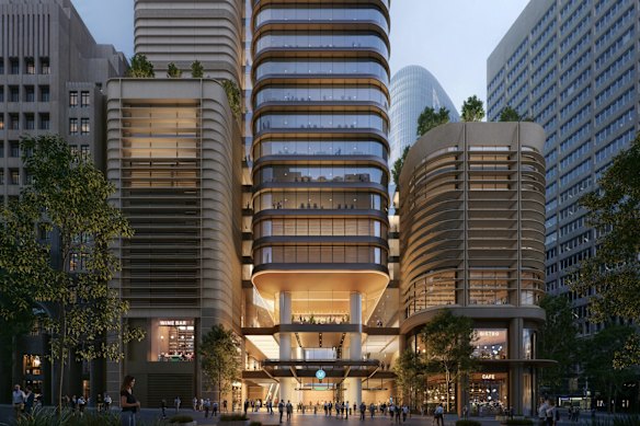 A render of an entrance to the Metro West station beneath Hunter Street n the Sydney CBD.