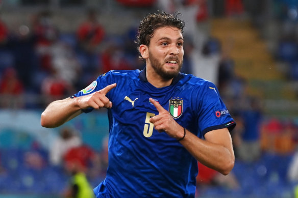 Manuel Locatelli, a former teammate of young Socceroo Reno Piscopo, celebrates his goal against Switzerland.