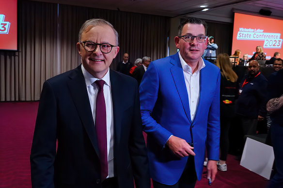 Anthony Albanese and Premier Daniel Andrews at the Victorian Labor State Conference last weekend, when the prime minister announced more social housing.