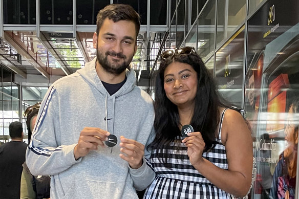 Joe Hess and Sabatinie Balasooriya waited for their  chance to enter the Nike store at DFO South Wharf on Boxing Day.