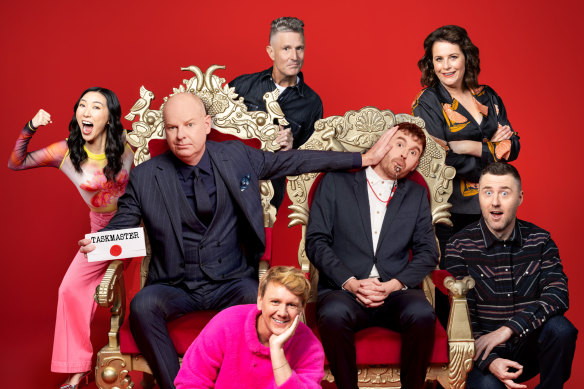 Taskmaster Tom Gleeson with his assistant Tom Cashman (centre), with contestants (clockwise from left) Jenny Tian, Wil Anderson, Anne Edmonds, Lloyd Langford and Josh Thomas.