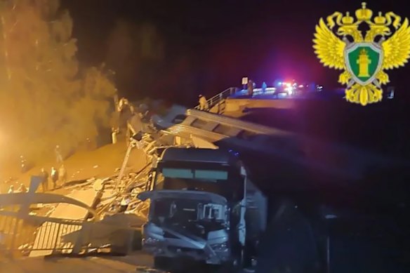 An unverified photograph of the scene of the bridge collapse in Russia.