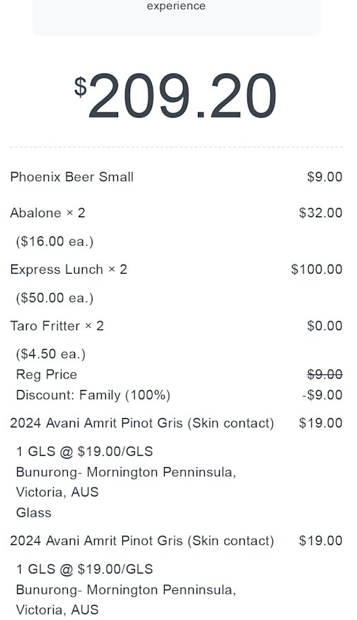 Receipt for lunch at Manze.