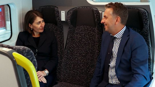 NSW Premier Gladys Berejiklian and Transport Minister Andrew Constance take their first ride on the state’s new Intercity Fleet.