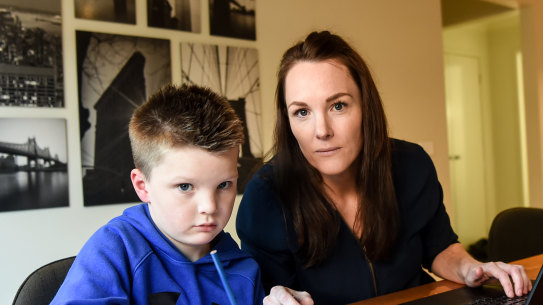 Primary school teacher Megan Gibb balances teaching from home with supervising her son Hudson, who is in year one and doing remote learning this week.