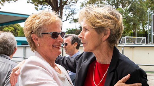 Former Matildas teammates Shona Bass (left) and Julie Dolan at a reunion last year of the 1979 team that took on New Zealand in Australia's first women's 'A' international.