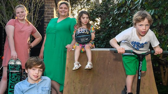 Sara O’Callaghan with her four children, whom she is homeschooling during lockdown.