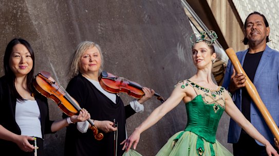 London Symphony Orchestra violinists Naoko Keatley and Belinda McFarlane, Australian Ballet Principal Artist Sharni Spencer and didgeridoo player William Barton who will be performing as part of Inside/Out at the House at the Opera House this week.