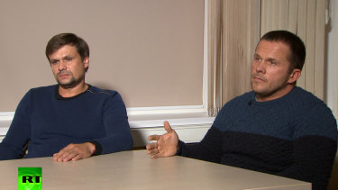 Ruslan Boshirov, left, and Alexander Petrov appear on the Kremlin-backed RT news network.