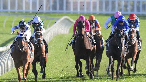 Tim Clark holds all challengers at bay on Samadoubt in the Chelsmford Stakes a fortnight ago.