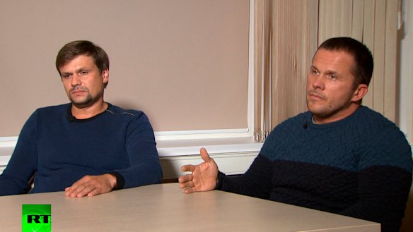 Ruslan Boshirov, left, and Alexander Petrov appear on the Kremlin-backed RT news network.