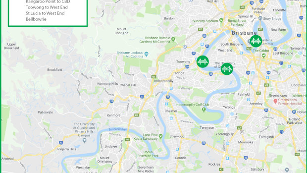 The new green bridges include the already announced Kangaroo Point to CBD river crossing, as well as Toowong to West End, St Lucia to West End, Breakfast Creek and Bellbowrie (not pictured).