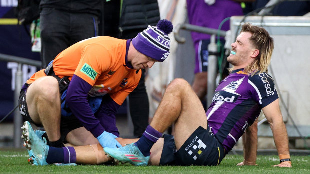 Ryan Papenhuyzen fractured his knee cap against the Raiders in 2022, an injury that kept him out of the game for more than a year.