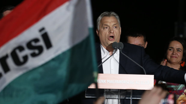 Hungarian Prime Minister Viktor Orban addresses his supporters in Budapest.