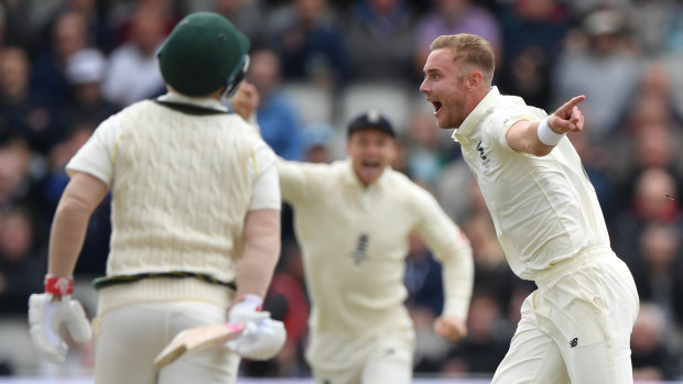 Here we go again: Stuart Broad dismisses David Warner in the first innings at Old Trafford.