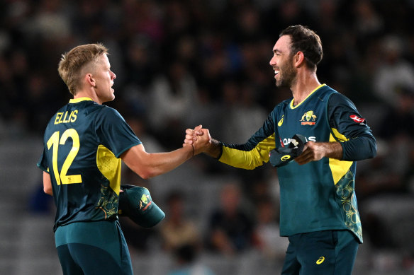 Nathan Ellis and Glenn Maxwell celebrate the victory. 