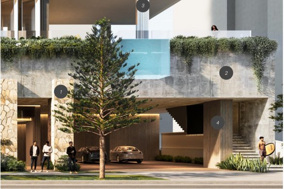 The Australia Avenue main entrance proposed for DKO Architects development for 118 Old Burleigh Road at Broadbeach.