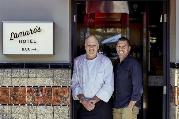 Paul Dimattina (right), proprietor of South Melbourne's Lamaro's Hotel, with executive chef Geoff Lindsay.