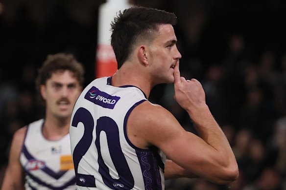 Patrick Voss of the Dockers celebrates a goal.