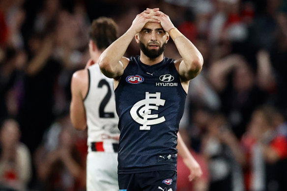 Adam Saad struggles to comprehend Carlton’s two-point loss to St Kilda.