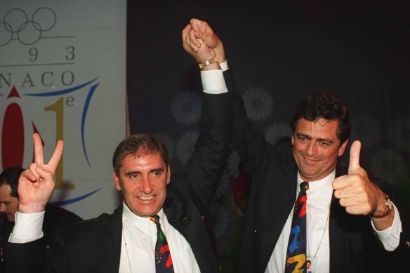 John Fahey and Rod McGeogh in Monaco in 1993, celebrating Sydney winning the hosting rights for the 2000 Olympic Games.