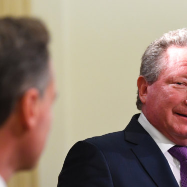 Andrew 'Twiggy' Forrest at the Minderoo Foundation press conference with Health Minister Greg Hunt. 