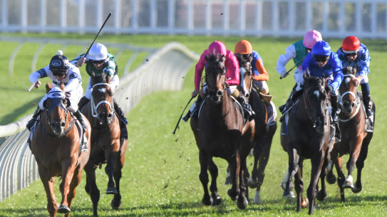 Tim Clark holds all challengers at bay on Samadoubt in the Chelsmford Stakes a fortnight ago.
