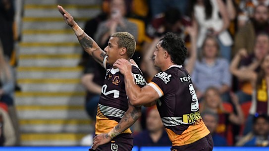 Tristan Sailor celebrates scoring for the Brisbane Broncos.