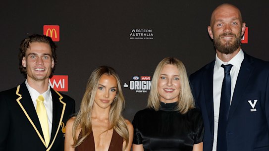 Trent Rivers, Paris Stubberfield, Jessica Gawn and Max Gawn at the State of Origin dinner on Thursday night.