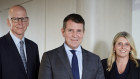 Incoming Future Generation Australia chair Mike Baird (centre), with Geoff Wilson and CEO Caroline Gurney. 