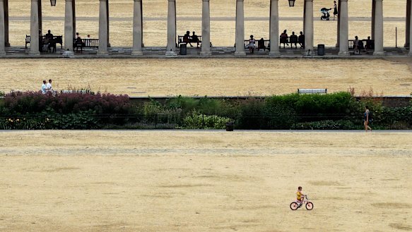 A child cycles on parched grass from the lack of rain in Greenwich Park in Britain.