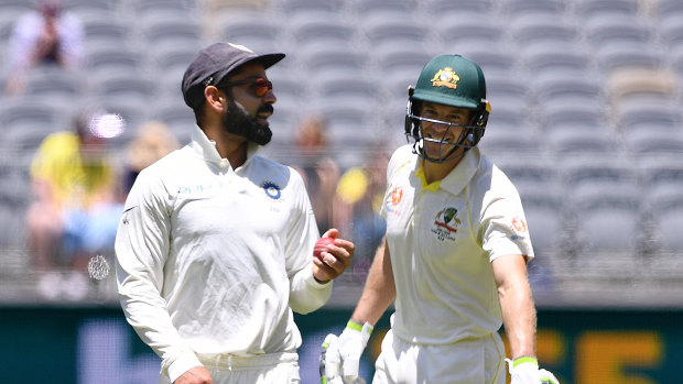 Indian captain Virat Kohli and Australian counterpart Tim Paine during the most recent Test series between the two teams.